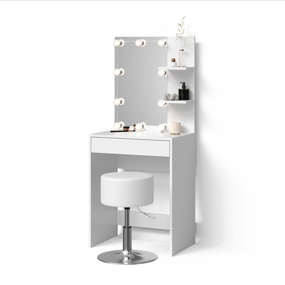 SCHMINKTISCH Nola Weiß mit LED Beleuchtung und Hocker - Weiß, Holzwerkstoff (60/140/40cm) - Livinity®