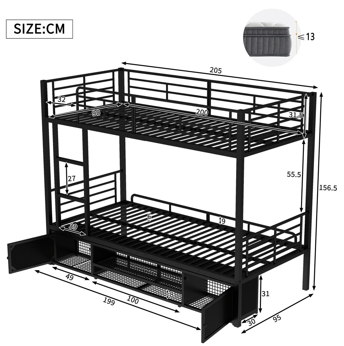 ETAGENBETT aus Metall 90x200 cm Schwarz mit Leiter, Fallschutz und Schuhablage - Schwarz, Metall (90/200cm) - Modfu