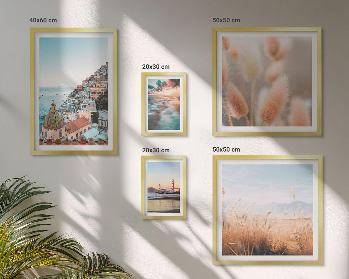 BILDER SET 5er Set - 50x50 cm & 20x30 cm & 40x60 cm Goldrahmen - Sonnenuntergang am Meer, Häuser, Blumen - Goldfarben, Kunststoff (40/60cm) - TULUP