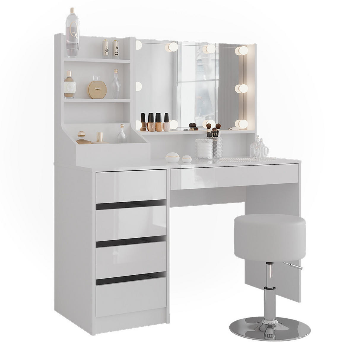 SCHMINKTISCH Sherry Weiß/Weiß Hochglanz 119.8 cm 4 Teile - Weiß Hochglanz, Holzwerkstoff (119.8/76/50.1cm) - Vicco