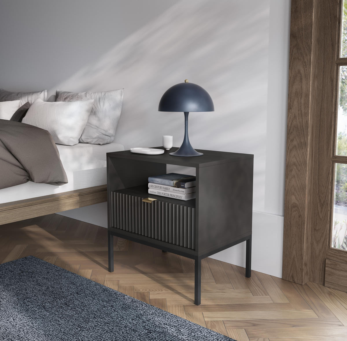 NACHTTISCH Nova - NOC, Geriffelte Front mit Goldenes Griffdesign 54x39x56 cm Schwarz - Schwarz, Holzwerkstoff/Kunststoff (54/56/39cm) - DomoHome