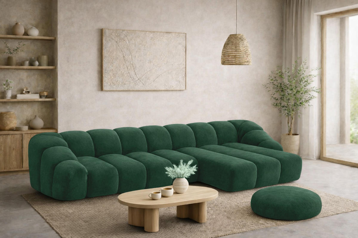 ECKSOFA Modulare L-Form, Veloursstoff Bluvel, Grün, Rechts, CROISSANT XL - Grün, Holz (340/190cm) - Kaiser Möbel