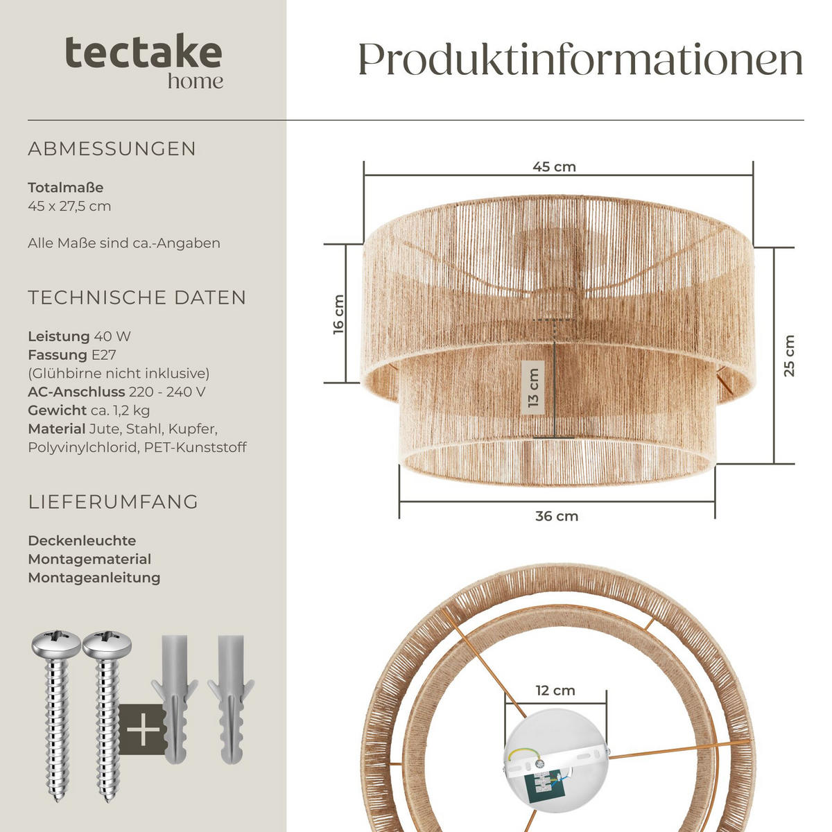DECKENLEUCHTE Lignea Lux Aus Jute , 45 x 25 cm , braun - Braun, Metall (45/45/27.5cm) - tectake