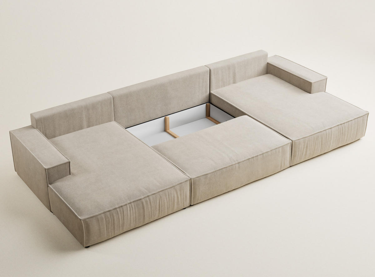 WOHNLANDSCHAFT Kyoto Beige Webstoff - Beige/Schwarz, Holz/Holzwerkstoff (398/70/148cm) - Maison de Reve