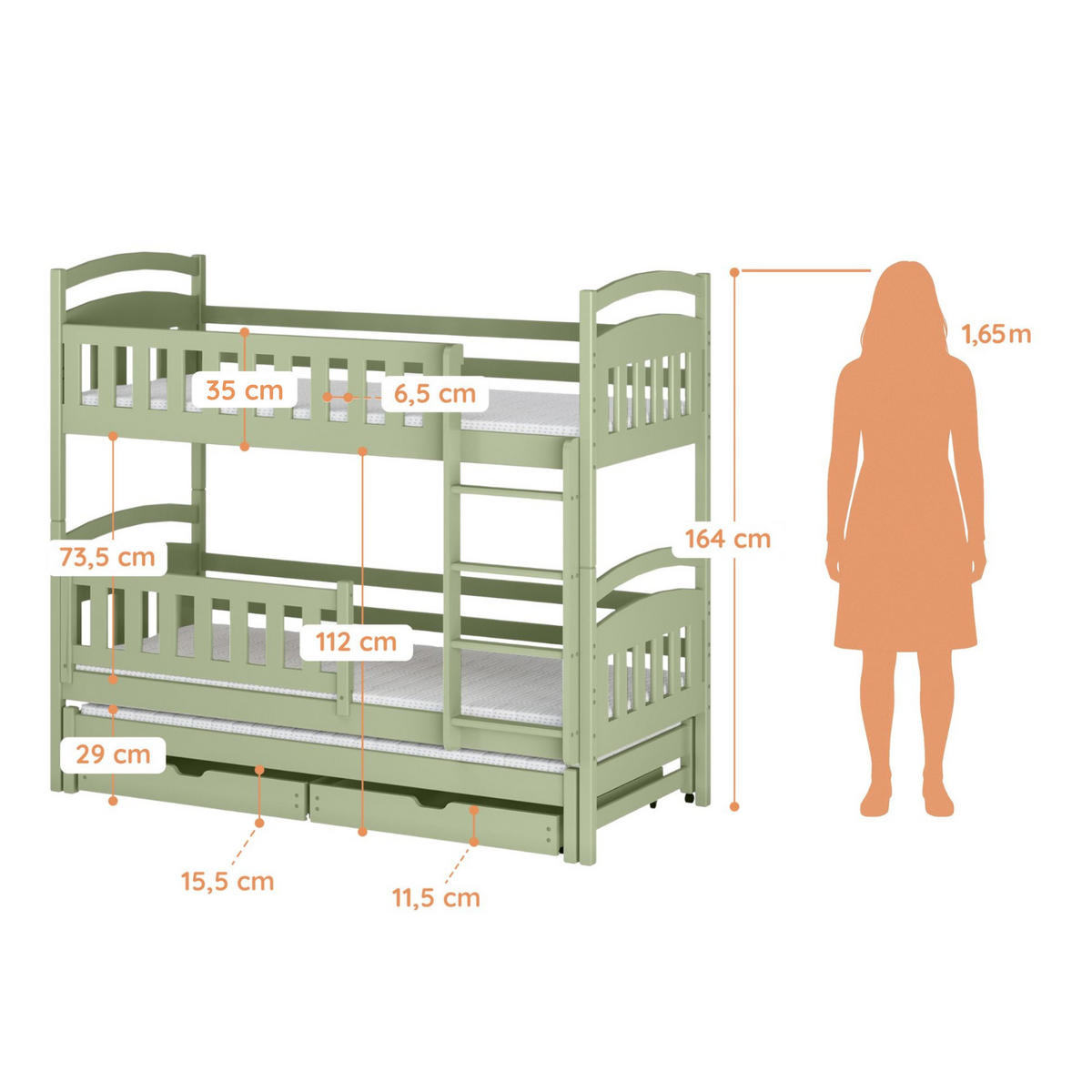 ETAGENBETT 90x200 cm mit Ausziehbett & zwei Schubladen in Olivgrün - Olivgrün, Holzwerkstoff (90/200cm) - Kids Collective