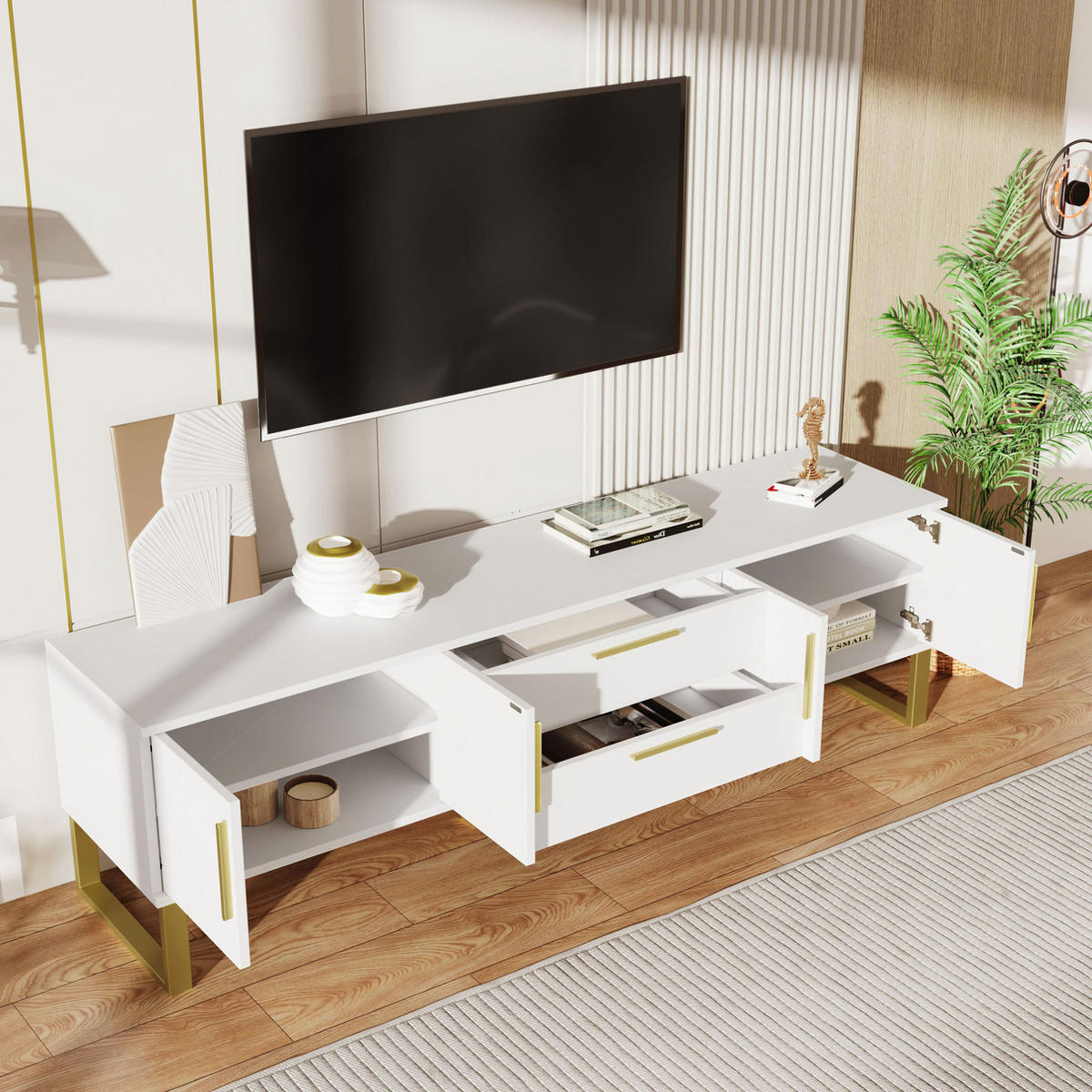 TV stolek 170/40/53,5 cm s lesklým povrchem, vyřezávanými dvířky a zlatými úchyty, Bílá - bílá, kompozitní dřevo (170/53.5/40cm) - Redom