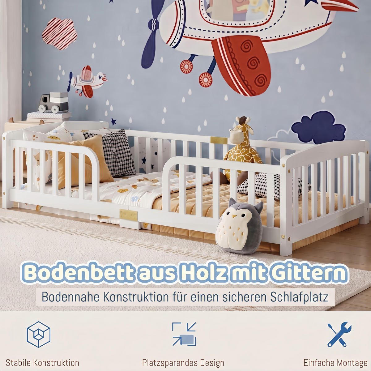 BODENBETT 90/200 cm DE-32892 mit Sicherheitsgeländer Weiß - Weiß, Holz (90/200cm) - ComfortXL