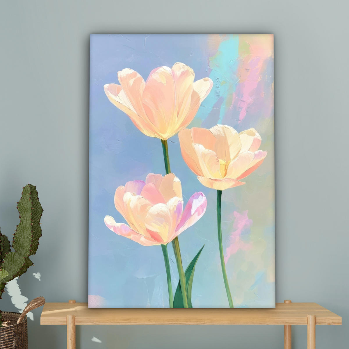 LEINWANDBILD Tulpen - Rosa Akzente - Blau Wanddeko Schlafzimmer 60x90 cm - Pastellblau, Textil (60/90cm) - MuchoWow