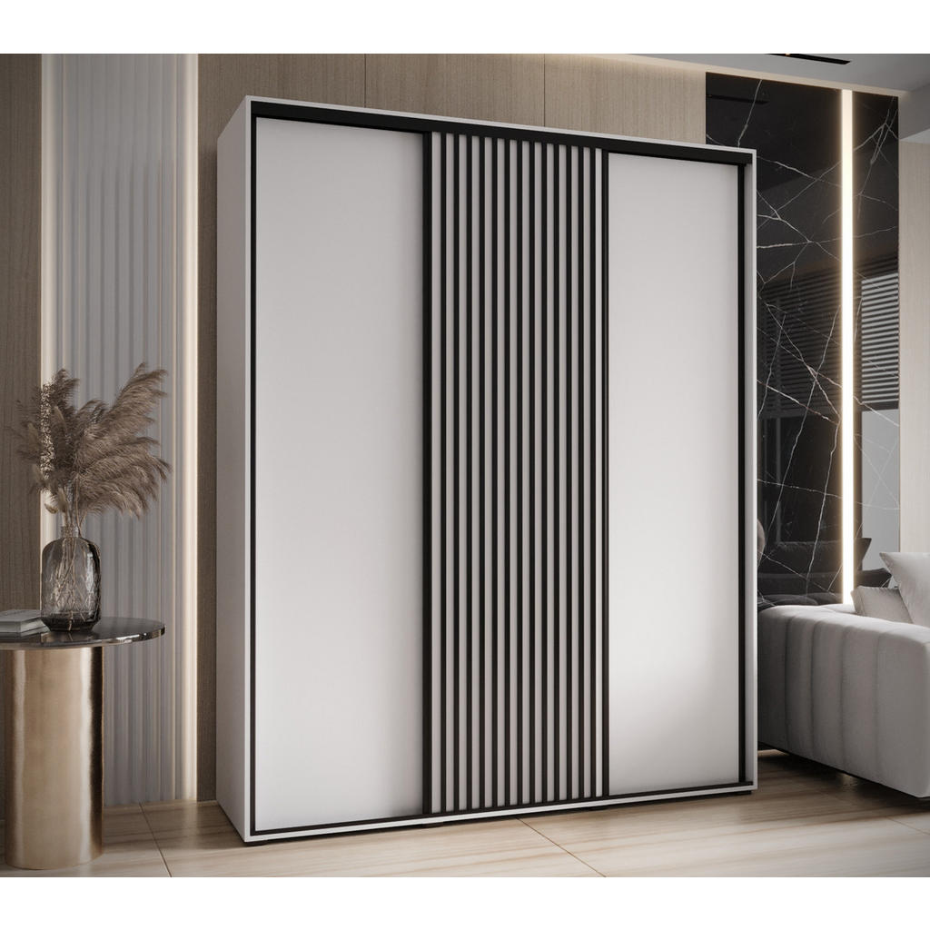 Thumbnail - Abiks Möbel Schwebetürenschrank, Weiß, Weiß, Schwarz, Metall, Nachbildung, 6 Fächer, 190x235x45 cm, Schlafzimmer, Kleide...