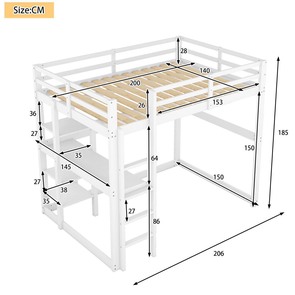 HOCHBETT 140/200 cm mit Stauraum aus Kiefer mit Schreibtisch - Weiß, Holz (140/200cm) - OKWISH