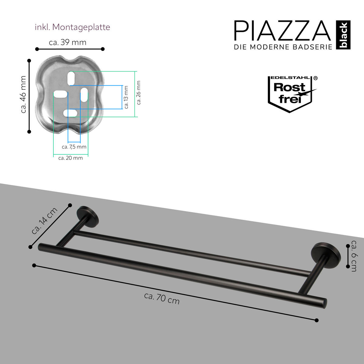 BADETUCHSTANGE PIAZZA BLACK, schwarz - Schwarz, Kunststoff (70/6/14cm) - bremermann