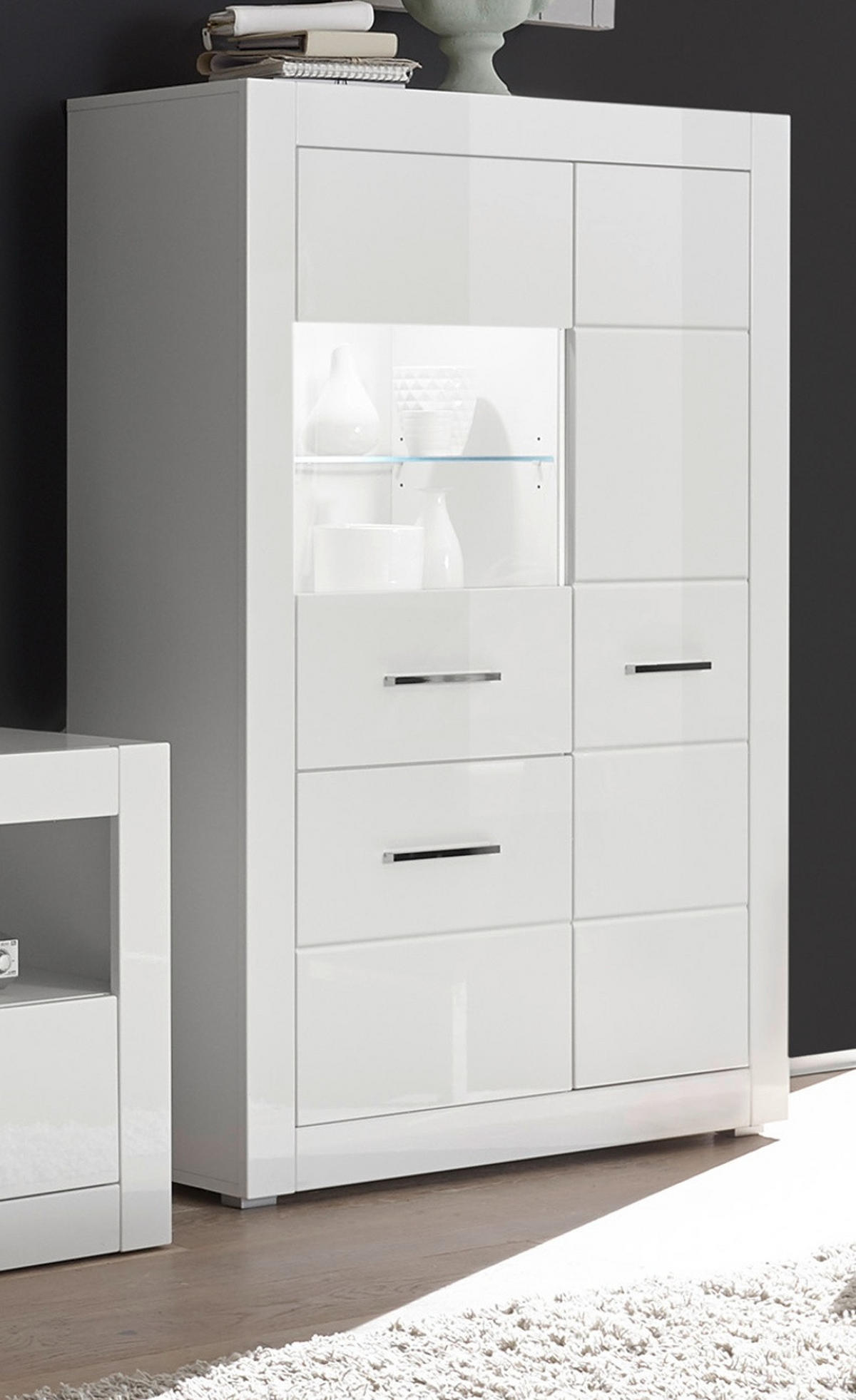 VITRINE weiß Hochglanz 100 cm, Highboard mit Metallgriffen - Weiß Hochglanz/Silberfarben, Glas/Holzwerkstoff (100/142/35cm) - Furn.Design