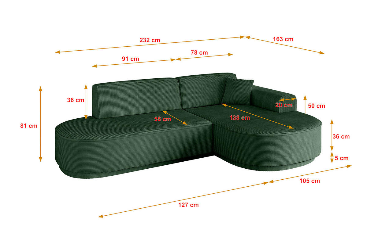 ECKSOFA Ottomane Rechts MARI-L1-v3 - 232x163x81 cm Grün Cord - Schwarz/Grün, Holzwerkstoff/Kunststoff (232/163cm) - ALTDECOR