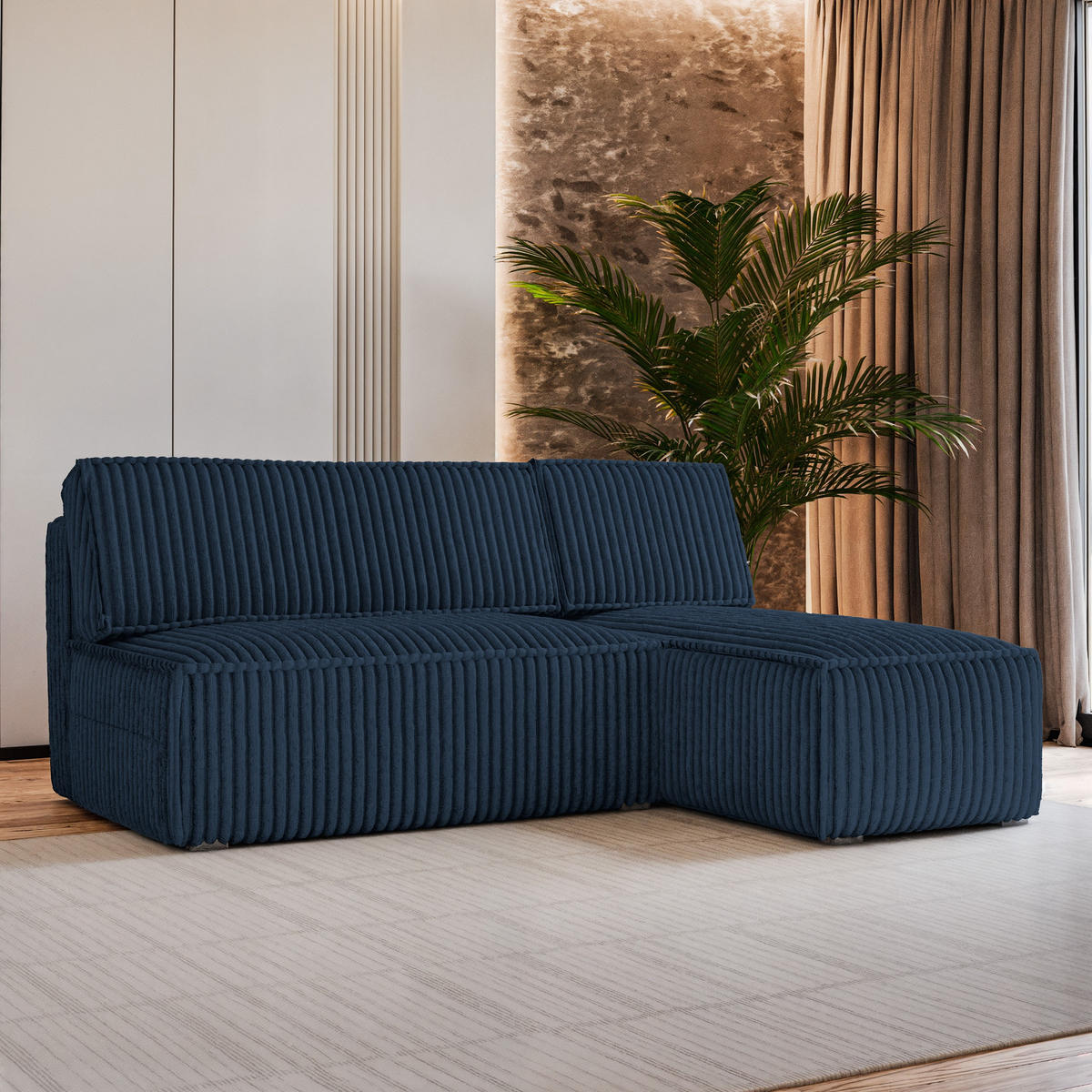 ECKSOFA BRISO T Blau Kordstoff mit Schlaffunktion - Blau, Holz (200/140cm) - MASSENO