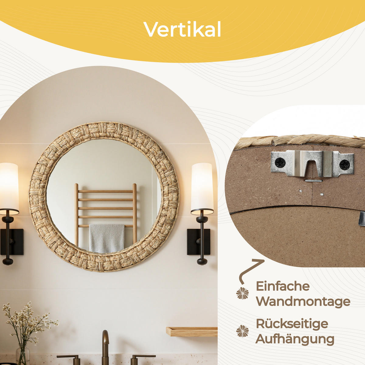 52CM H Runder Wandspiegel mit Rahmen aus geflochtener Wasserhyazinthe Geeignet für Badezimmer, Wohnzimmer und Schlafzimmer - Hellbraun/Beige, Glas/Holz (52/3.5/52cm) - Hometopia