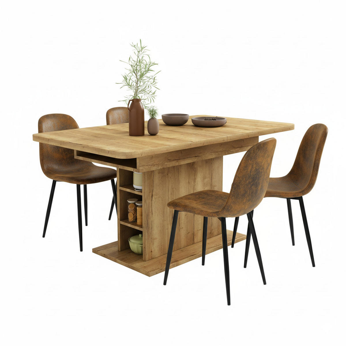 TISCHGRUPPE 5-teilig Kompakter Esstisch 110–130 cm mit Regal-Stauraum & 4 Stühle - Schwarz/Eiche San Remo, Holzwerkstoff/Textil (130/75/70cm) - Urban Meuble