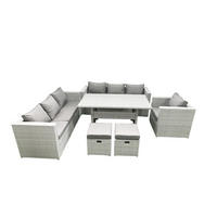 GARTENMÖBEL SET mit 3-Sitzer-Sofa und Sessel, Esstisch,2 Hockern Polyrattan Hellgrau 9-Sitzer - Hellgrau/Grau, Glas/Kunststoff - Fimous