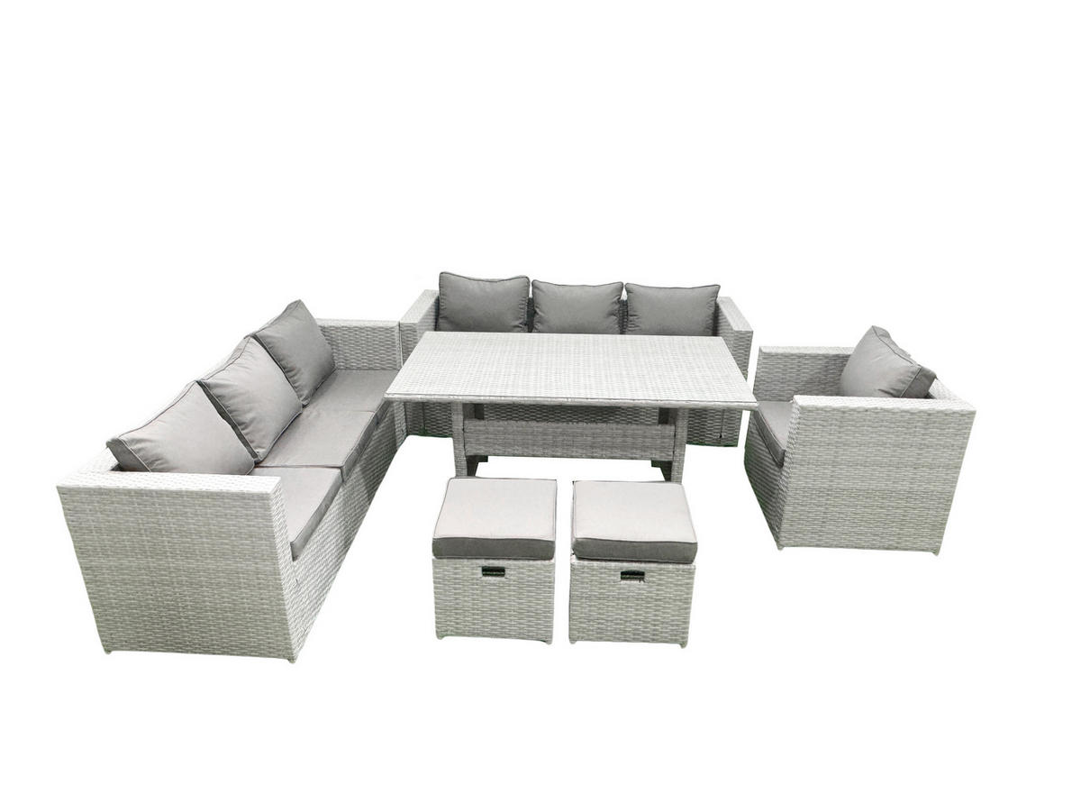 GARTENMÖBEL SET mit 3-Sitzer-Sofa und Sessel, Esstisch,2 Hockern Polyrattan Hellgrau 9-Sitzer - Hellgrau/Grau, Glas/Kunststoff - Fimous