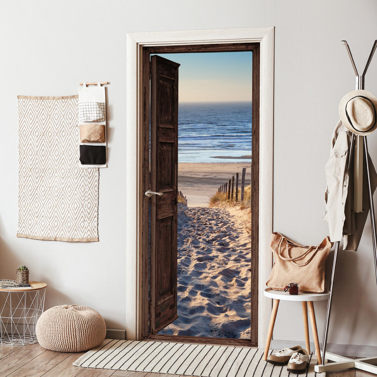 TÜRAUFKLEBER Selbstklebend - Fensterblick - Strand - Meer - Weg - Dünen 95x215 cm - Türtapete - Sandfarben, Kunststoff (95/0.1cm) - MuchoWow