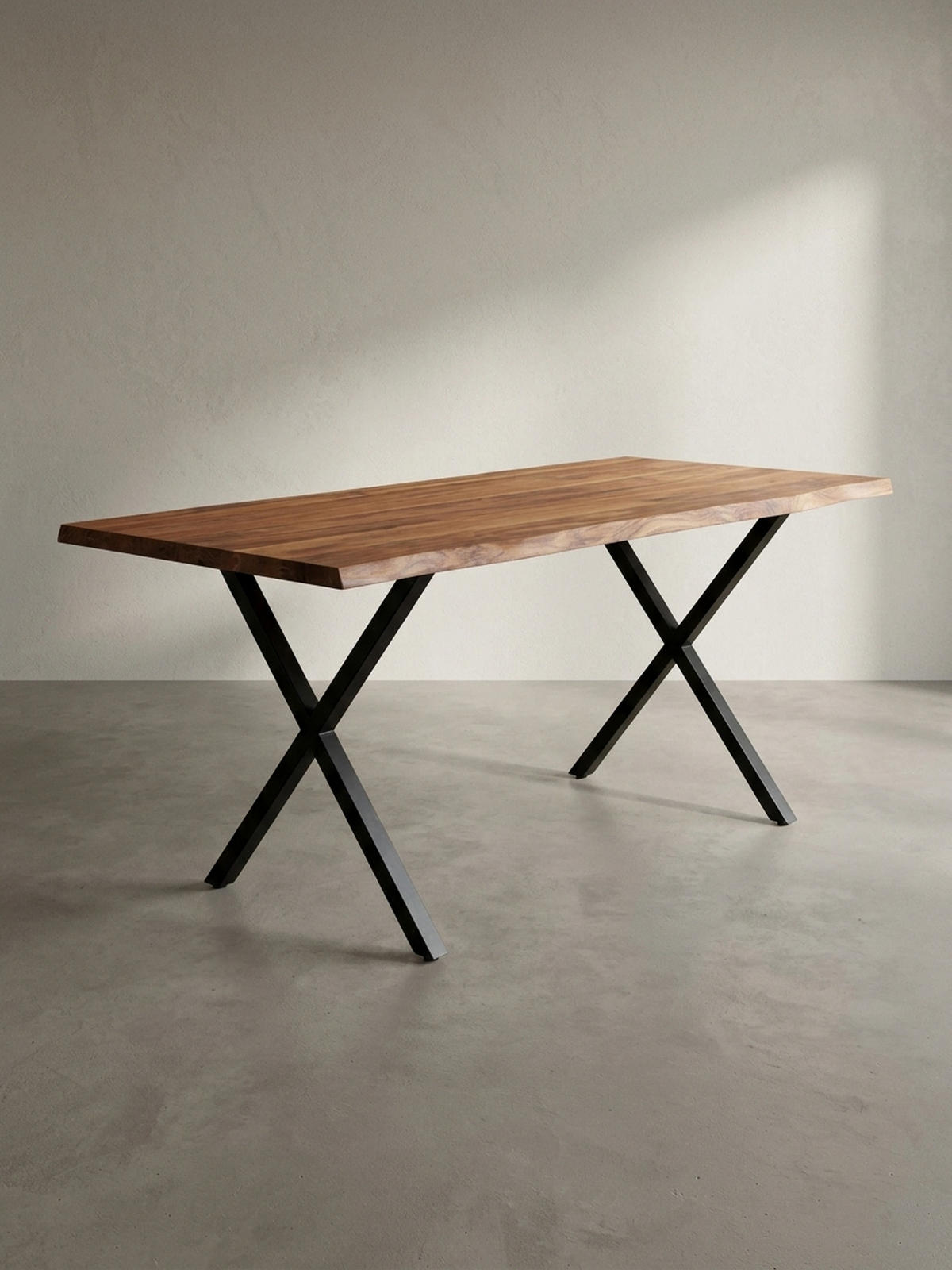 SCHREIBTISCH Massivholz X-Gestell Baumkante Handgefertigt KRETA, Goldbraun-Schwarz 200x100x76 cm - Schwarz/Braun, Holz/Metall (100/200/76cm) - KADIMA DESIGN