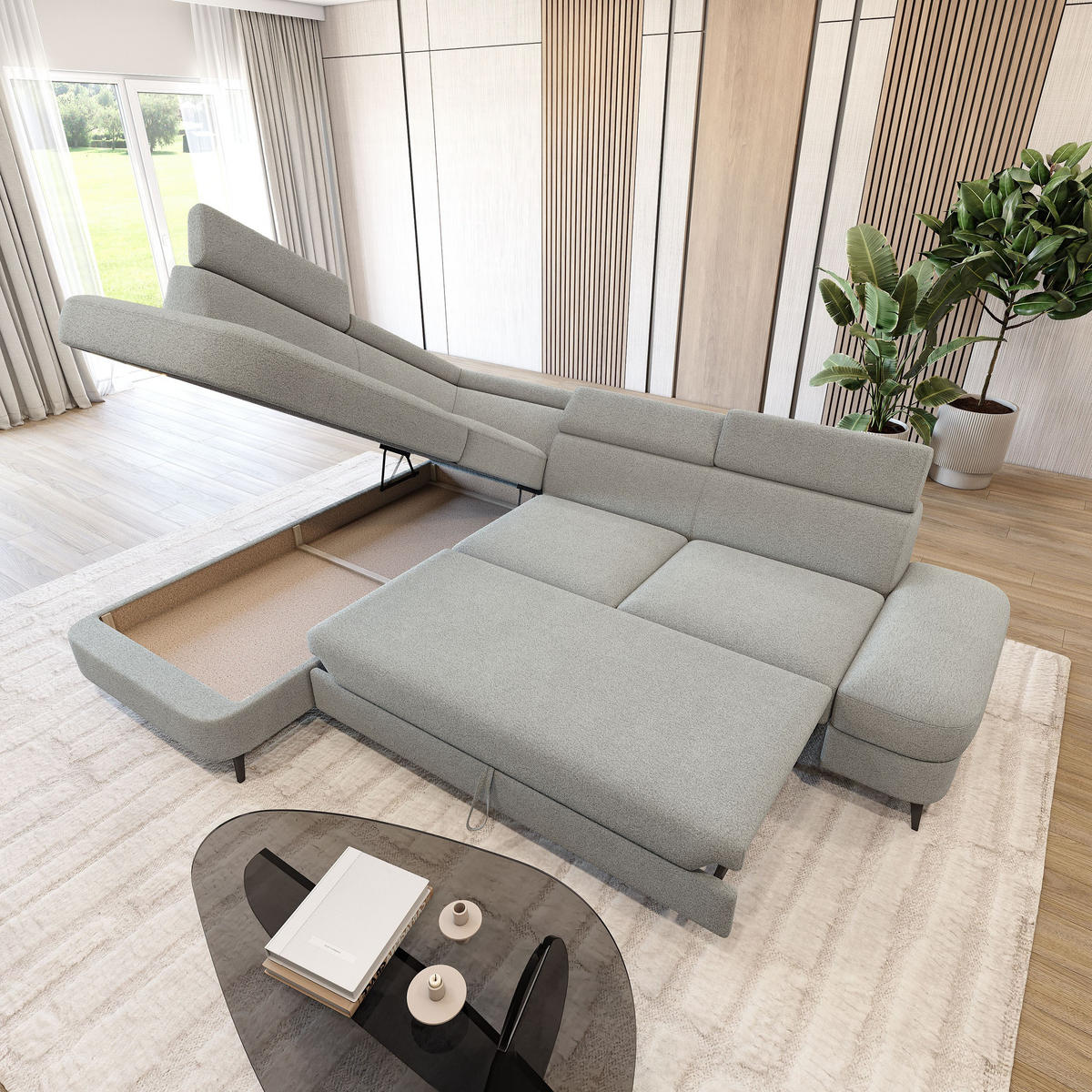 ECKSOFA AVISE Q L-S Hellgrau Boucle-Stoff mit Schlaffunktion - Hellgrau, Holzwerkstoff/Textil (268/195cm) - MASSENO