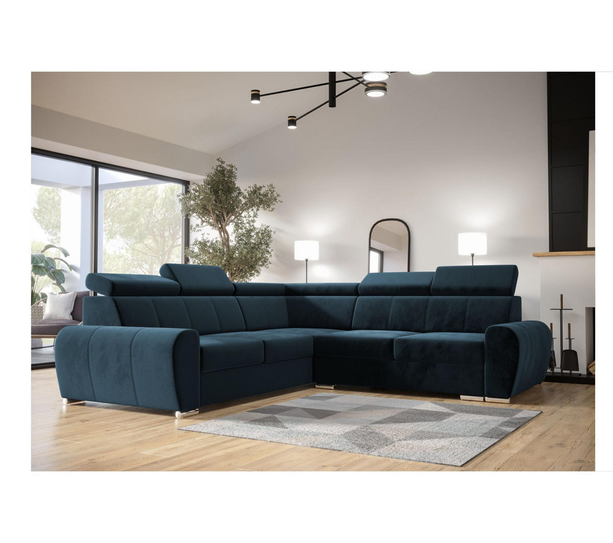 ECKSOFA APOLLO,mit Schlaffunktion und Bettkasten, Farbe: Blau, Velourstoff, Ottomane Links - Blau, Textil (255/255cm) - O-Sofa