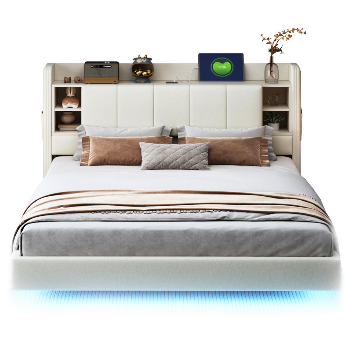 ČALÚNENÁ posteľ 160/200 cm s LED osvetlením, USB portom a úložným čelom, z ľanovej látky, Béžová - béžová, textil (160/200cm) - Redom