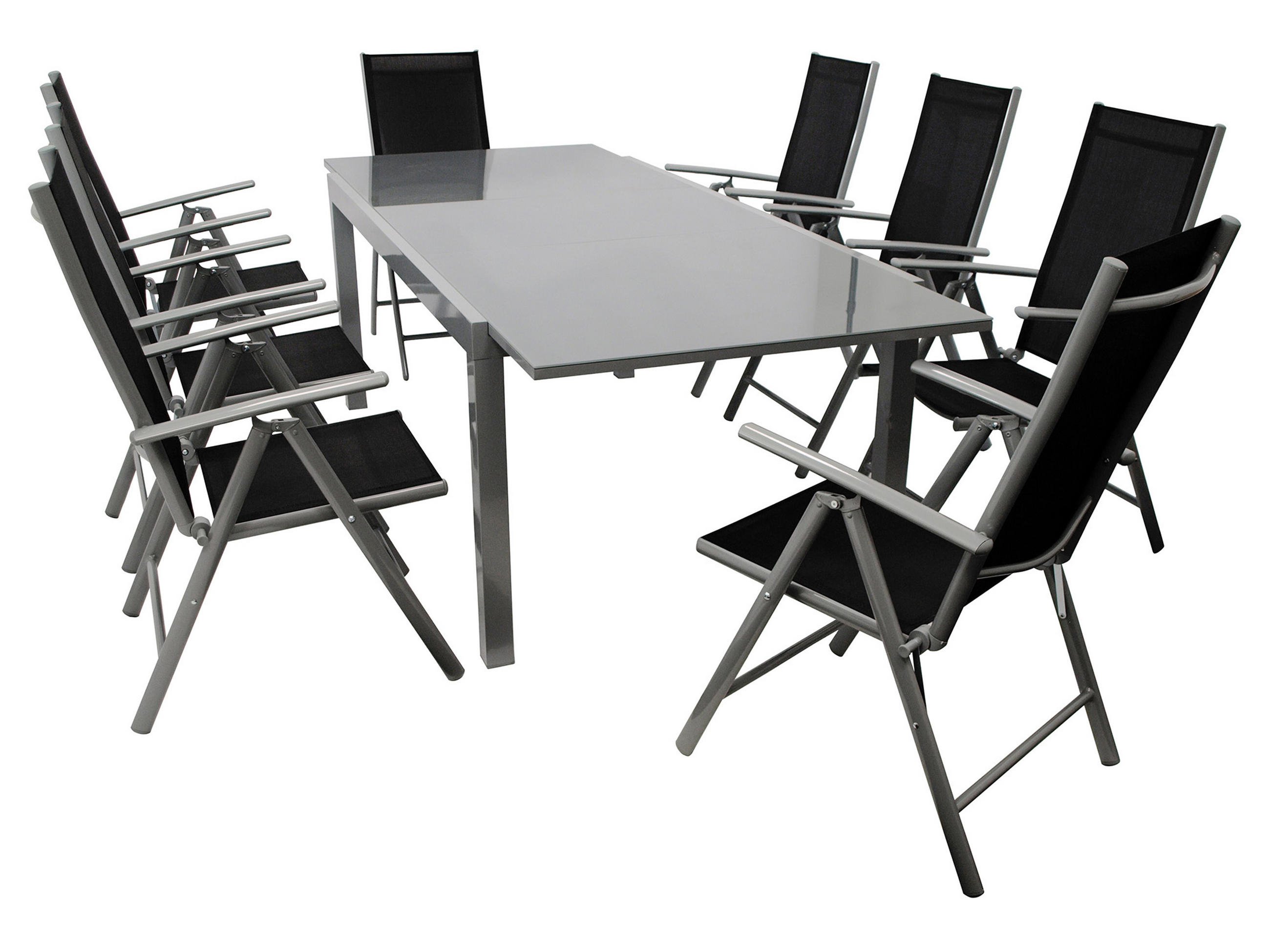 GARTEN-GARNITUR Ashford - 9-teilig (8x Klappsessel mit Armlehnen, 1x Ausziehtisch 180/240x100cm) - Schwarz, Metall - TPFGarden