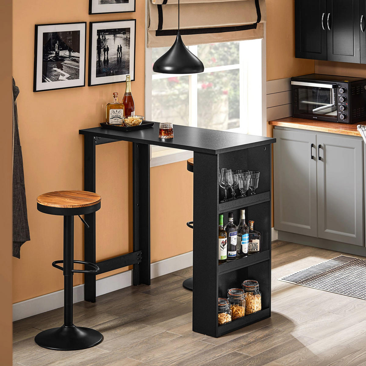 BARTISCH mit 3 Ablageflächen, Schwarz 112x106x57 cm - Schwarz, Holzwerkstoff (57/112/106cm) - SoBuy