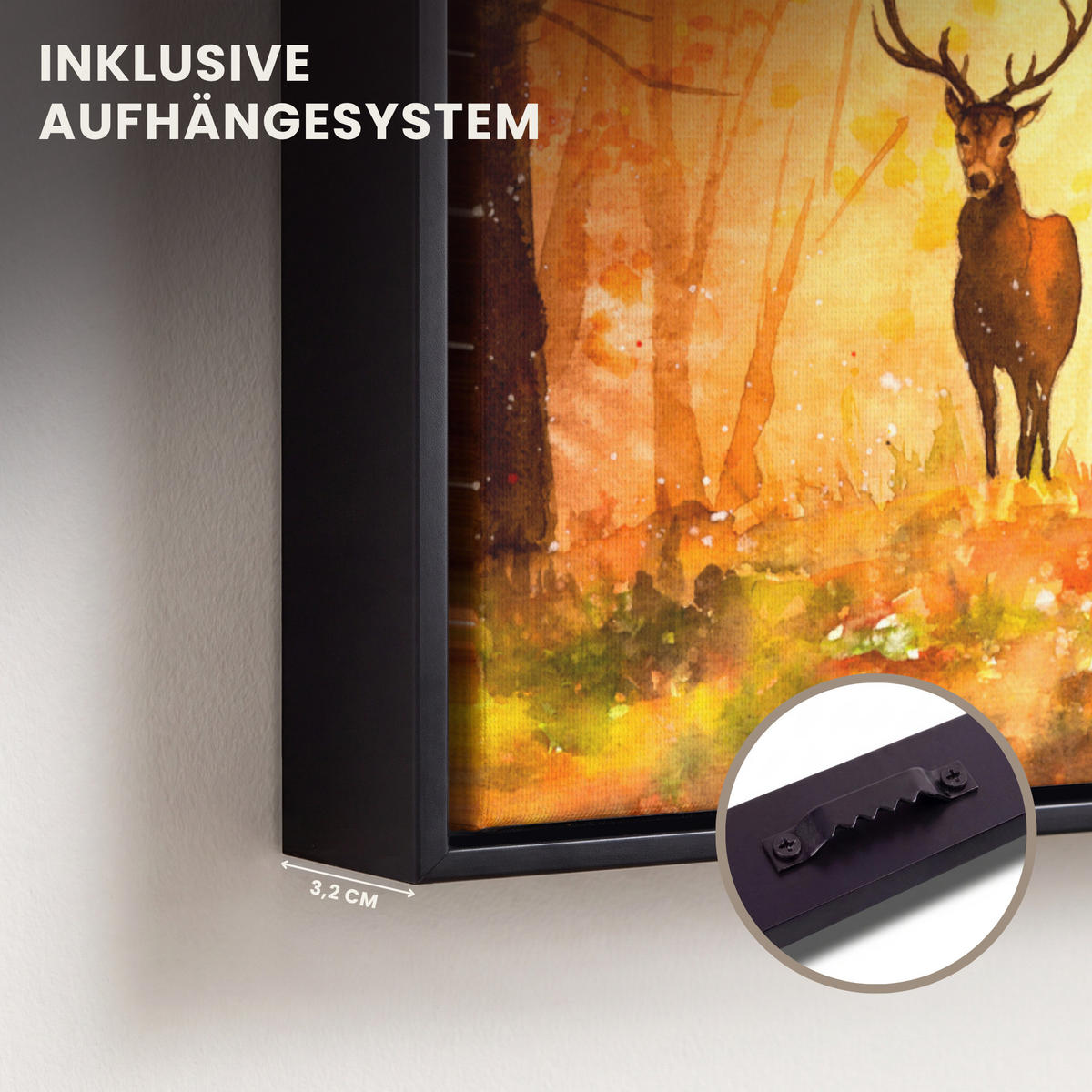 LEINWAND Bilder mit Rahmen - Natur - Ölfarbe - Hirsche - Tiere - Herbst - Orange - 30x40 - Orange, Textil (30/40cm) - MuchoWow