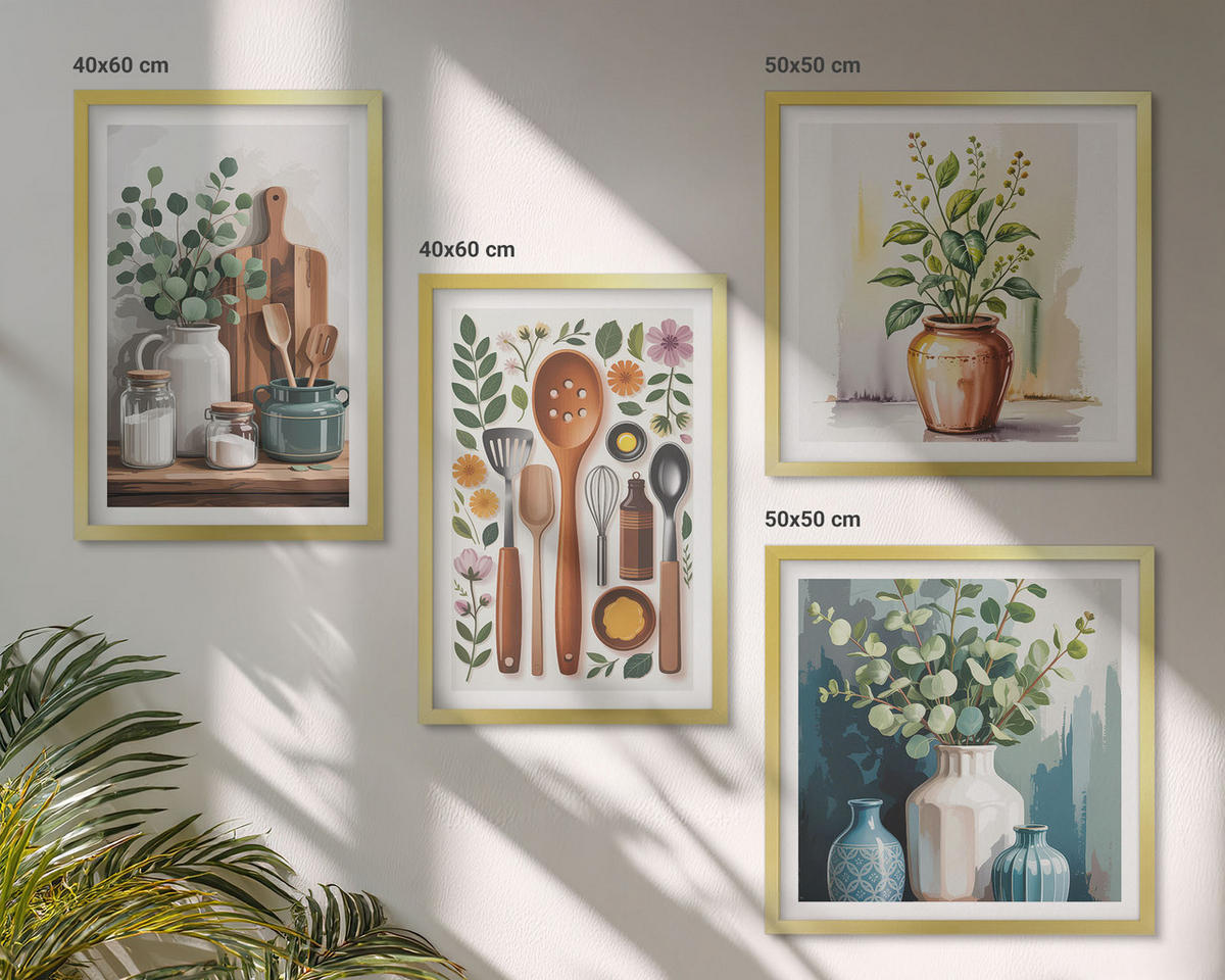 BILDER SET 4er Set - 50x50 cm & 40x60 cm Goldrahmen - Küchenaccessoires auf pflanzlicher Basis - Goldfarben, Kunststoff (50/50cm) - TULUP