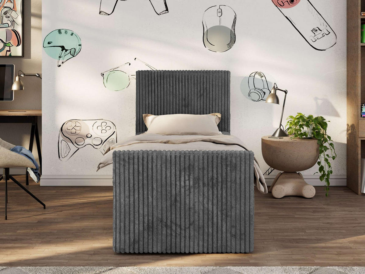 JUGENDBETT TILIO DUO 90/200 - Grau Cord - H4 - Rechts Seite - Grau, Textil (90/200cm) - MKS