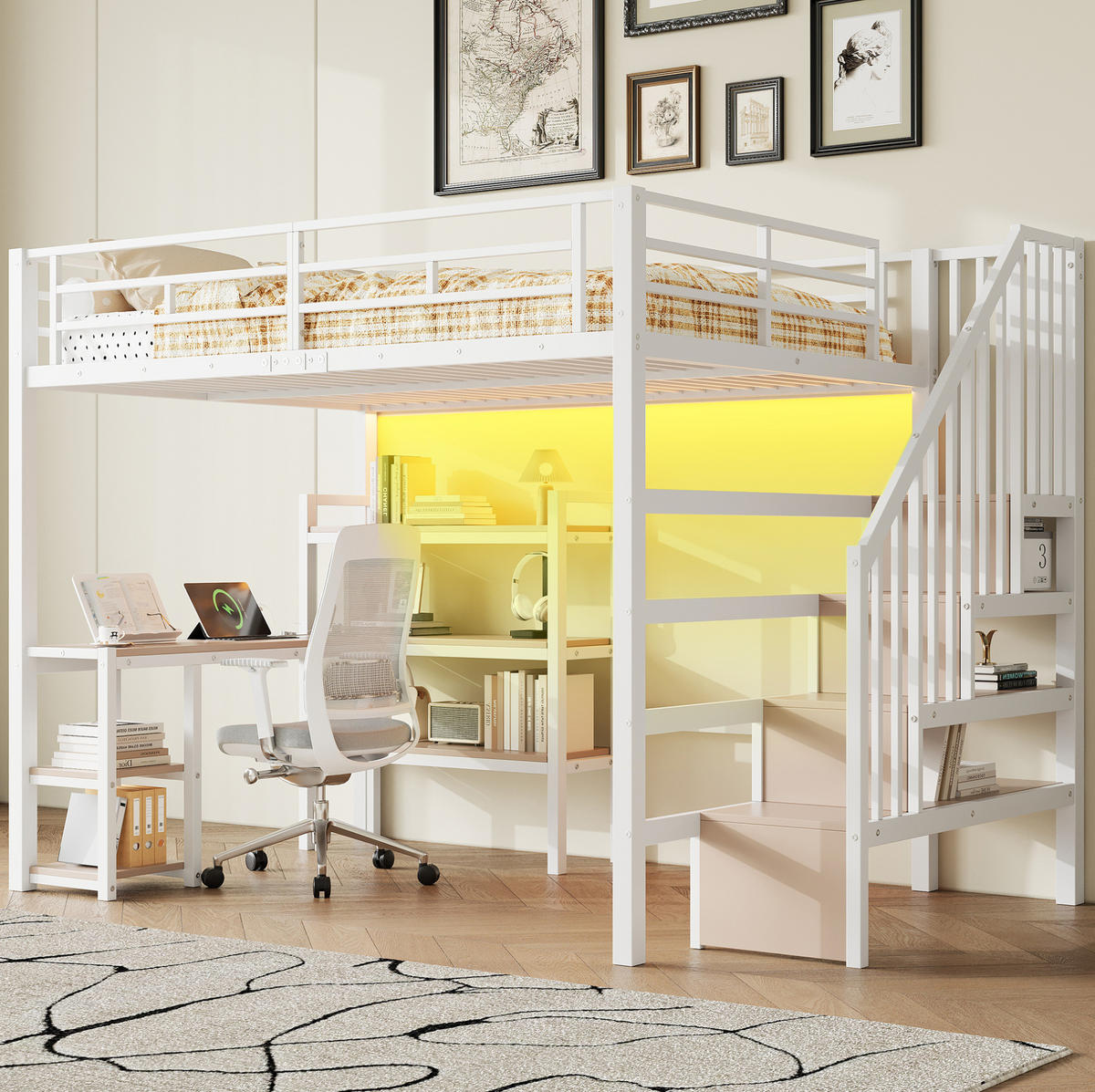 HOCHBETT 140/200 cm weiß aus Metall und MDF mit Schreibtisch und LED - Weiß, Metall (140/200cm) - OKWISH