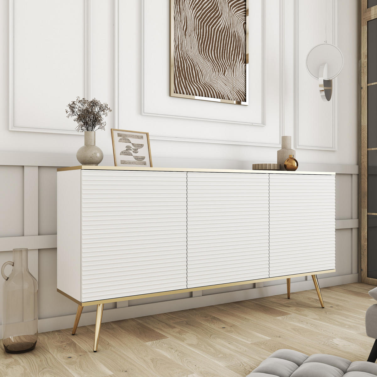 KOMMODE FORNO (Weiß, Rillenfront, Goldene Details, 3 Türen, goldene Metallfüße, 160 cm) - Gelb/Goldfarben, Holz/Holzwerkstoff (160/85/39cm) - Ravio
