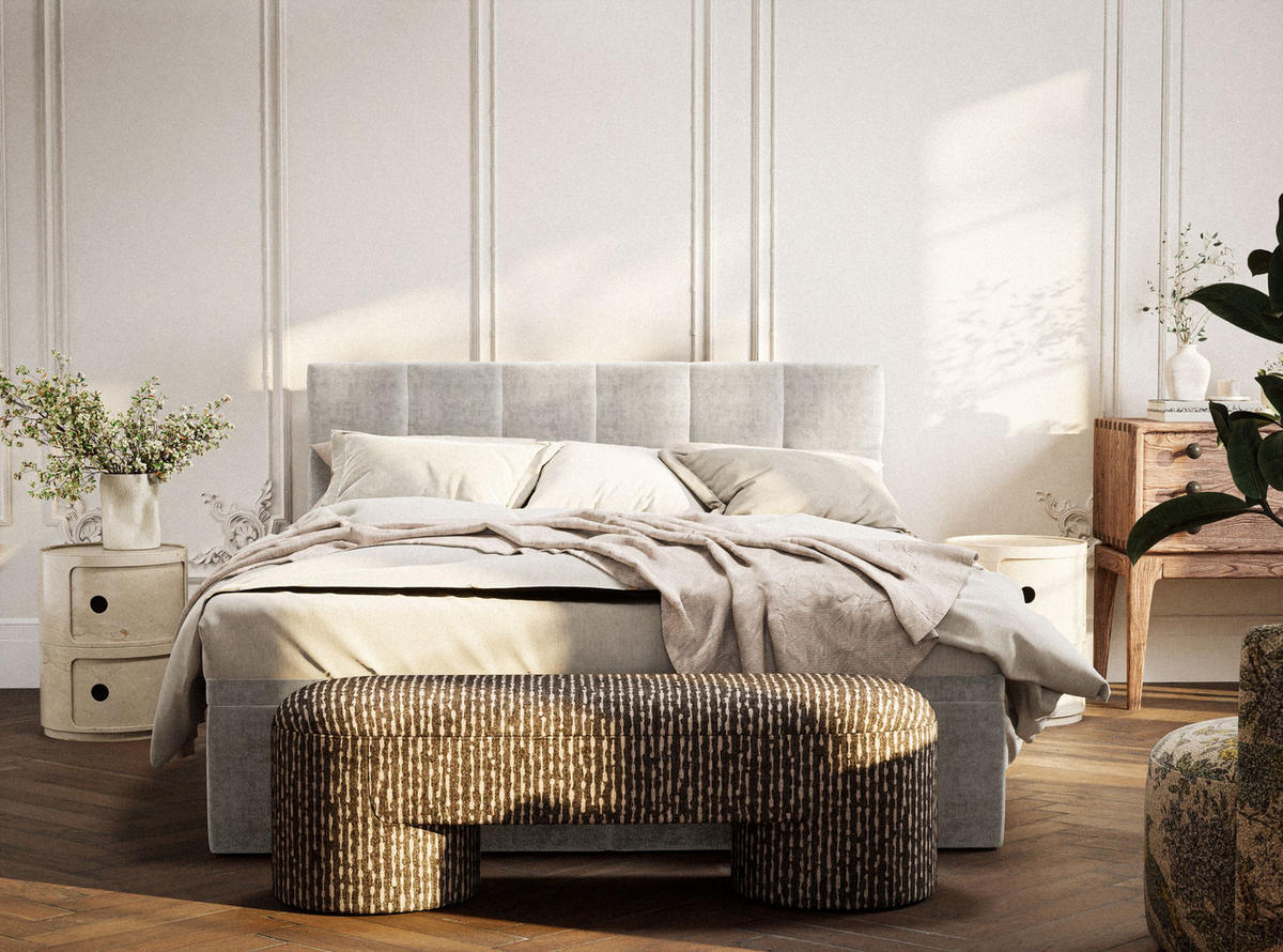 BOXBETT 160/200 cm Gotu S, in Beige, Matratze, gepolstertes Kopfteil, Bettkasten, H3 = fest - Beige/Schwarz, Holz/Holzwerkstoff (160/200cm) - Maison de Reve