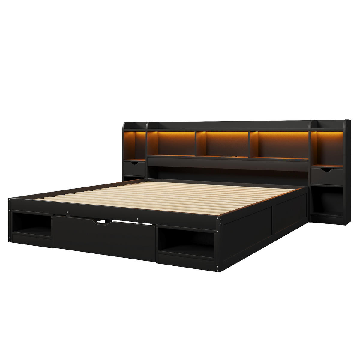 STAURAUMBETT 180 x 200 cm, Kopf- und Fußteil mit Stauraum, Schwarz - Schwarz, Holz (180/200cm) - KOMHTOM