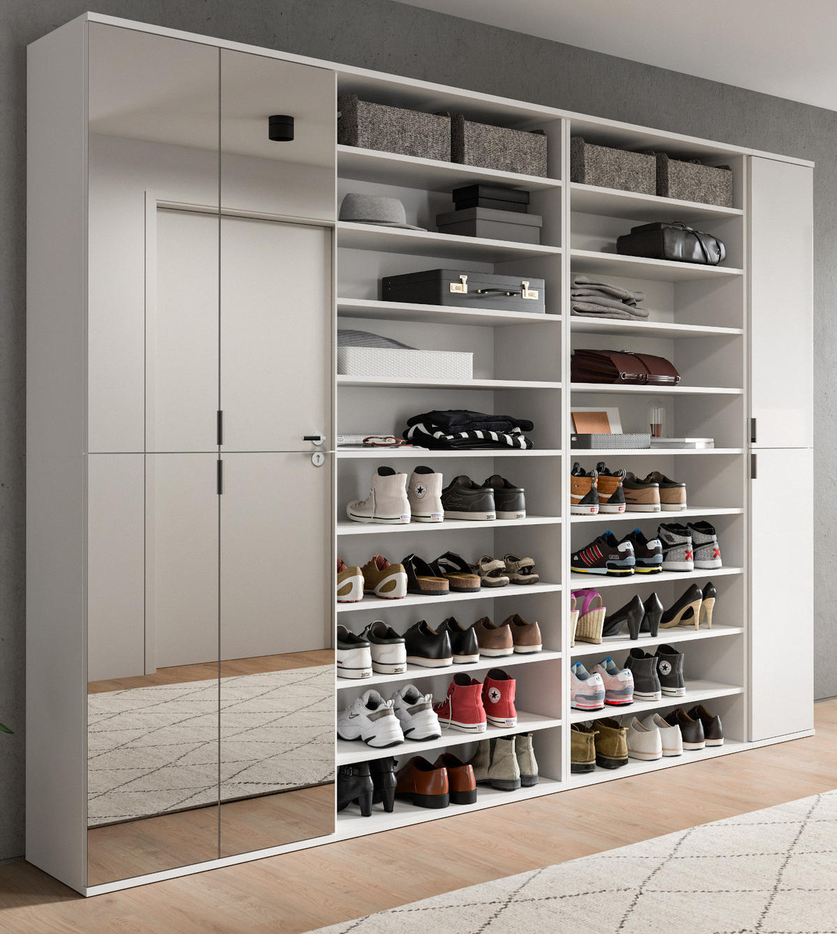 GARDEROBENSCHRANK weiß Hochglanz 281 cm, Schuhschrank XXL mit 35 Fächern - Chromfarben/Weiß Hochglanz, Glas/Holzwerkstoff (251/193/34cm) - Inn.Furn