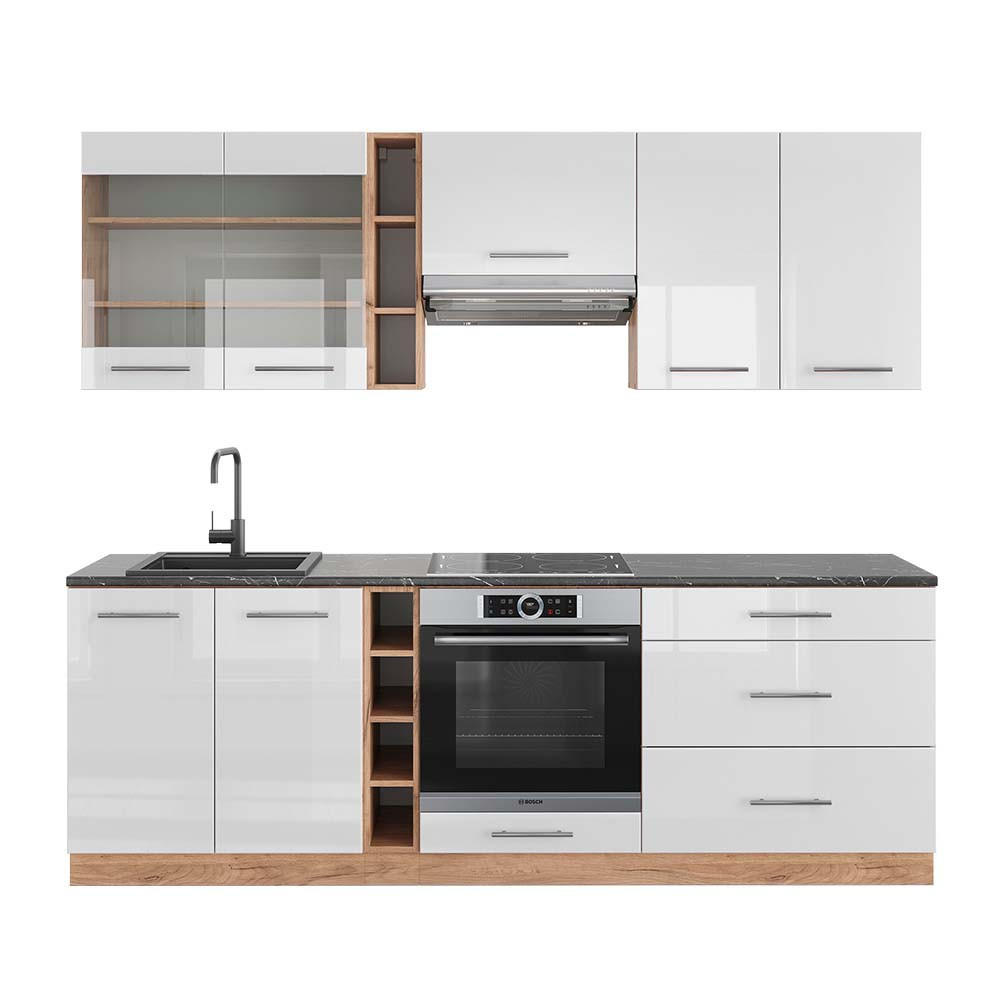 KÜCHENZEILE Fame-Line Weiß Hochglanz/Goldkraft Eiche 235 cm AP Anthrazit - Honigeiche/Weiß Hochglanz, Holzwerkstoff (235/81.6/60cm) - Vicco