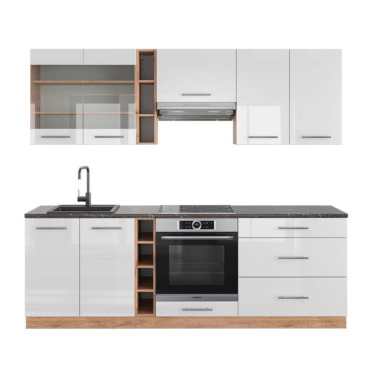 KÜCHENZEILE Fame-Line Weiß Hochglanz/Goldkraft Eiche 235 cm AP Anthrazit - Honigeiche/Weiß Hochglanz, Holzwerkstoff (235/81.6/60cm) - Vicco