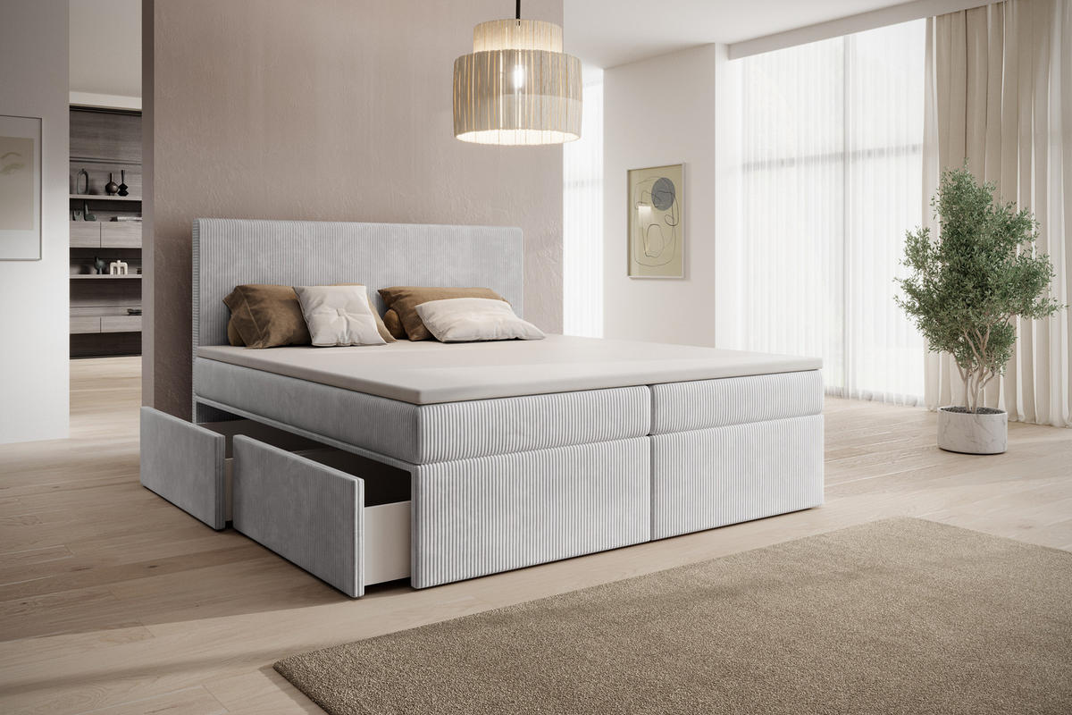BOXSPRINGBETT Siena mit Schubladen und Topper, POSO-Cordstoff, 180x200 cm, Grau - Grau, Holz - PROMETO Möbel