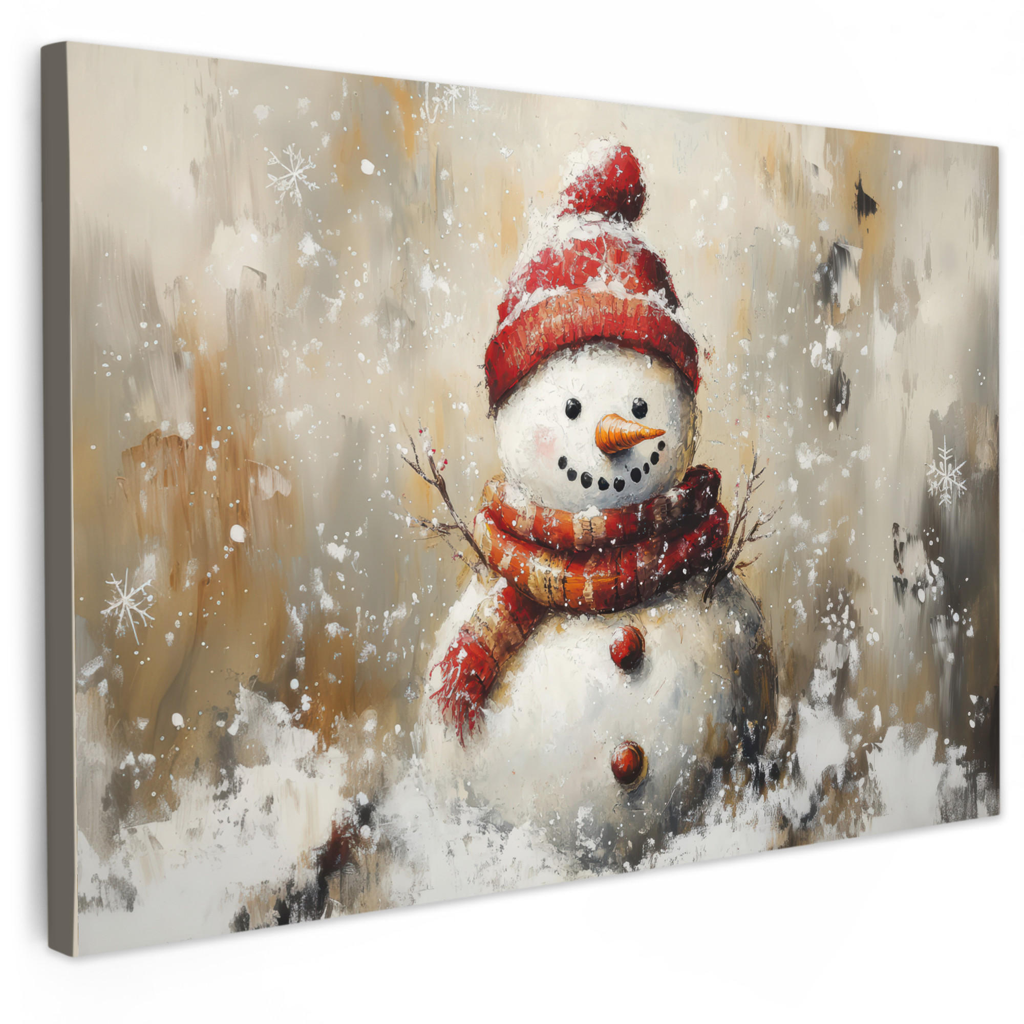 LEINWANDBILD Schneemann - Winter - Schnee - Beige Gemälde 60x40 cm - Weiß, Textil (60/40cm) - MuchoWow