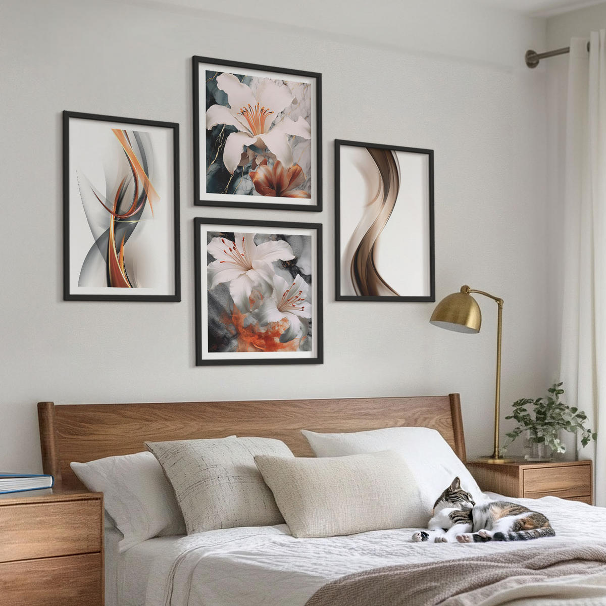 BILDER SET 4er Set - 50x50 cm & 40x60 cm Schwarzer Rahmen - Gelbgrau-braune Wellen - Schwarz, Kunststoff (50/50cm) - TULUP