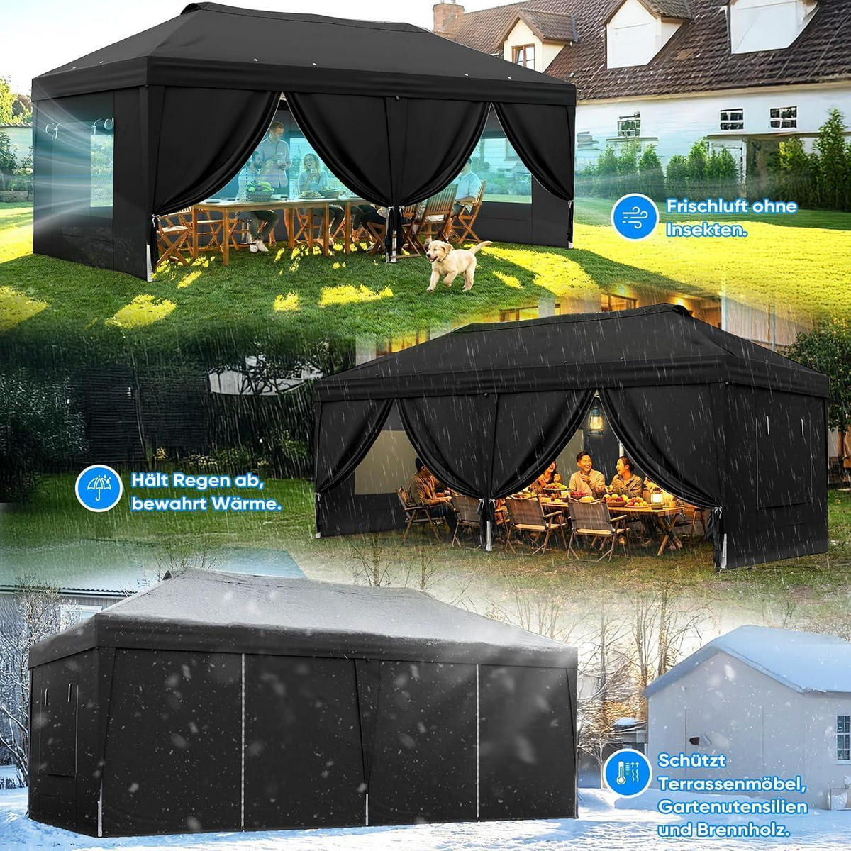 FALTPAVILLON 3x6m mit Seitenwänden und Insektenschutz schwarz - Schwarz, Textil (585/285/293cm)