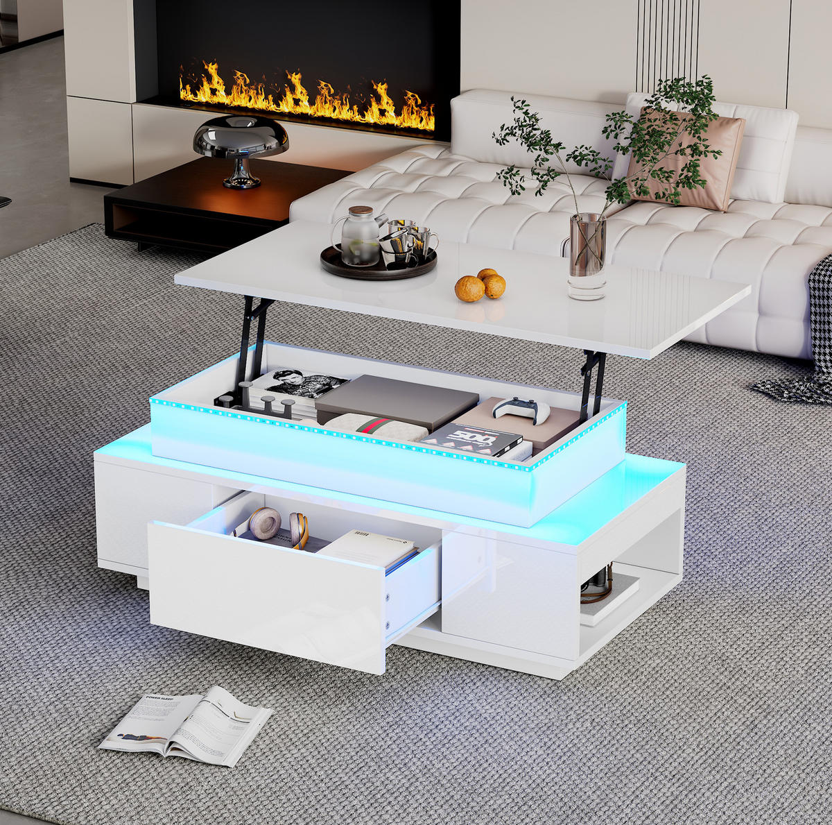 COUCHTISCH höhenverstellbar 96 x 45 x 40 cm Weiß mit LED - Weiß, Holzwerkstoff (96/45/40cm) - Meubliv