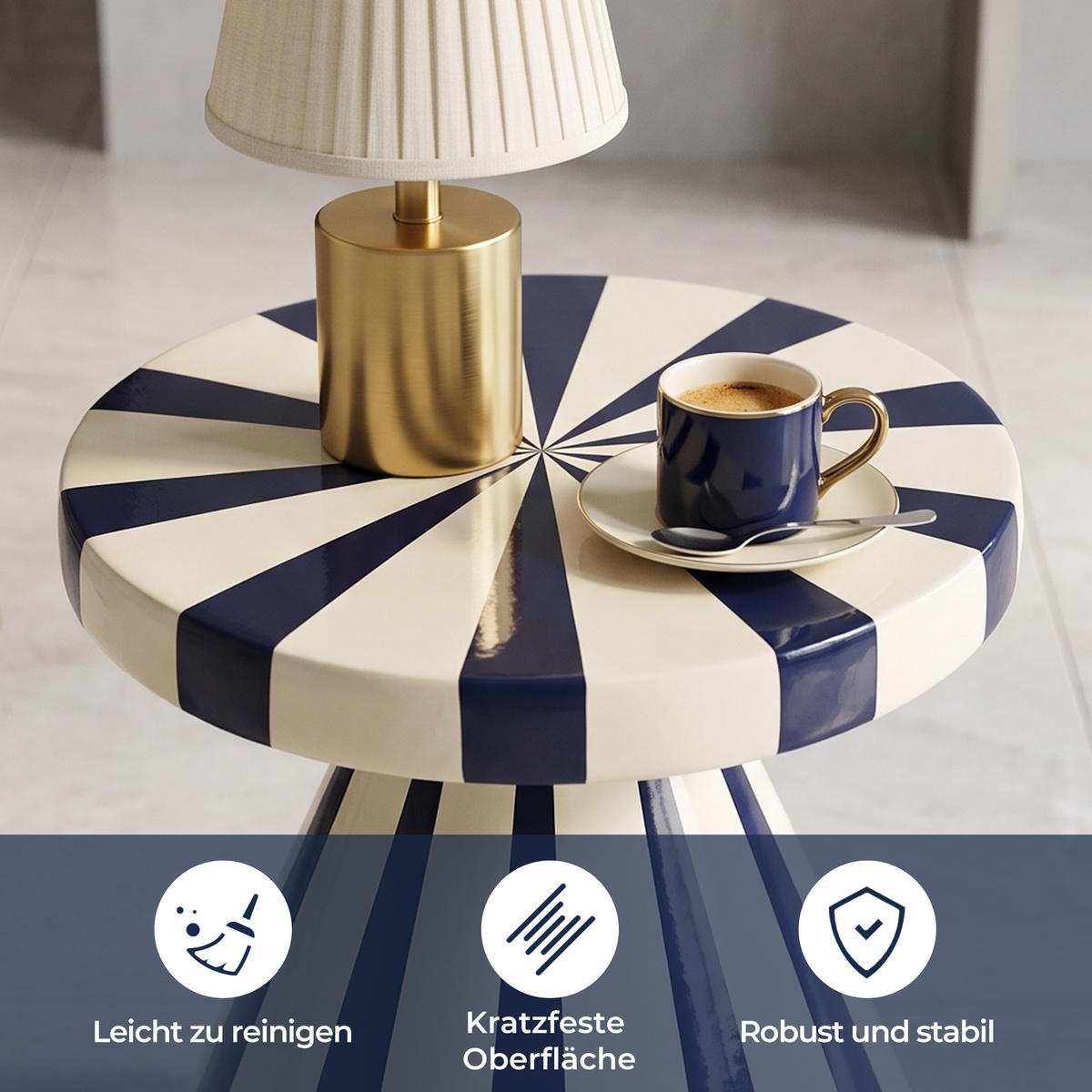 BEISTELLTISCH Rund Magnesiumoxid (MgO) mit Marineblau-Creme Gestreift - Blau, Naturmaterialien (34/34/40cm) - Hometopia