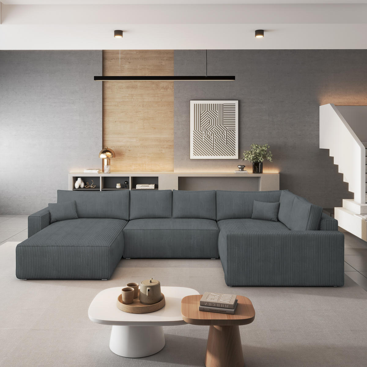 ROHOVÁ SEDAČKA VELAMI šedá - šedá, dřevo/textil (365/194cm) - MASSENO