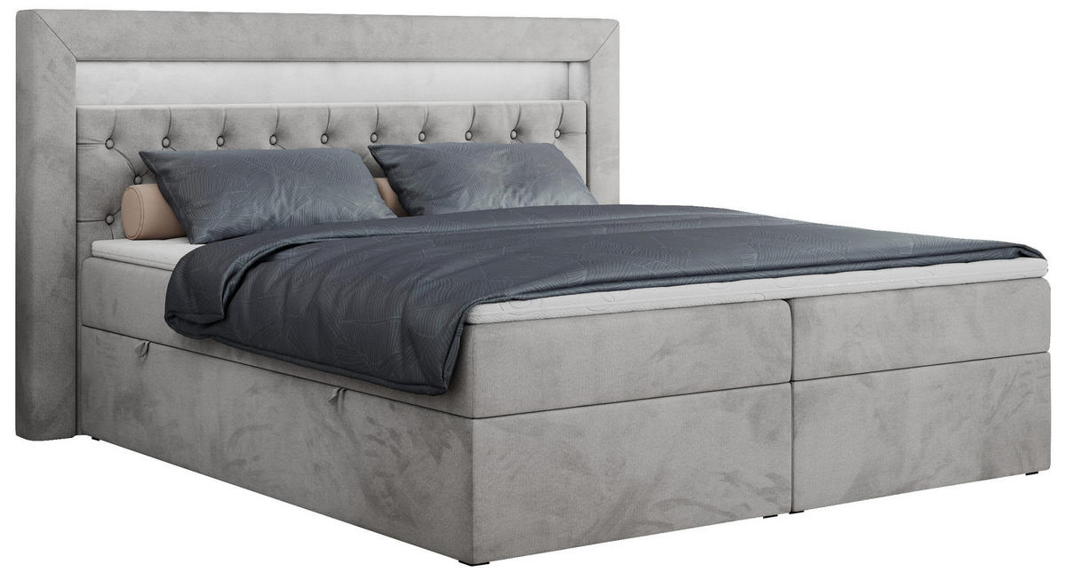 BOXBETT GOLD-6 LED 140/200 Hellgrau Velvet - H3 - Hellgrau, Holz/Textil (140/200cm) - MKS