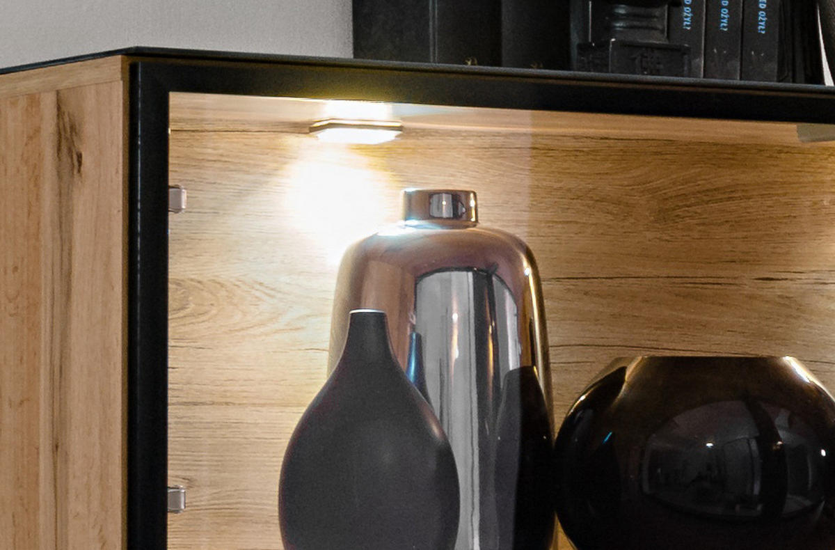 WOHNWAND Wotan Eiche, schwarz 330 cm, Schrankwand mit Kamin, inklusive LED - Eichefarben/Schwarz, Glas/Holz (330/197/45cm) - Inn.Furn