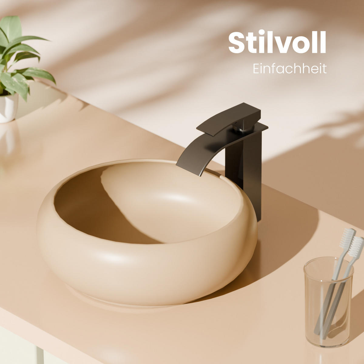WASCHBECKEN Rund Gebogen Aufsatzmontage Mattbeige Ø36 / 12 cm - Beige, Keramik (36/12/36cm) - EMKE