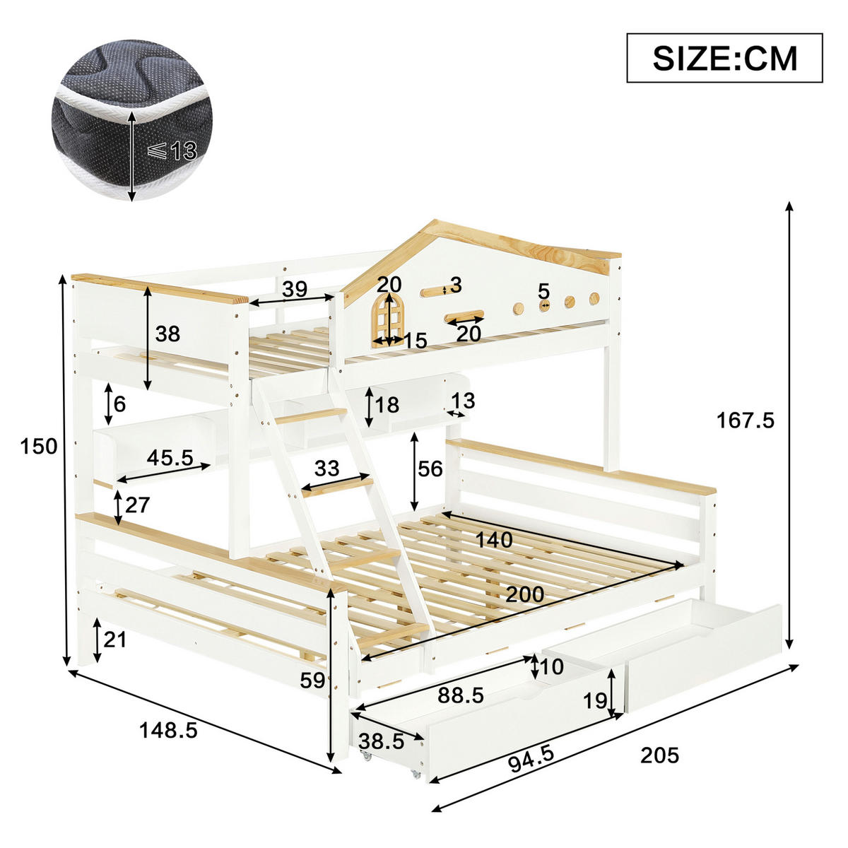 ETAGENBETT 90/200 cm und 140/200 cm Weiß+Natur mit zwei Schubladen und Sicherheitsgitter - Weiß, Holzwerkstoff (90/200cm) - OKWISH